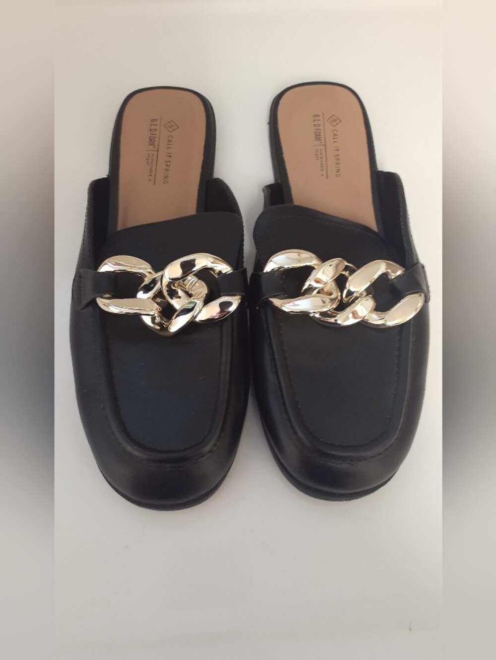 Call It Spring Black Slide Mules with Gold Chain Accent - size 8